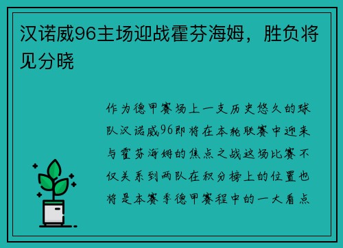 汉诺威96主场迎战霍芬海姆，胜负将见分晓