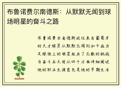 布鲁诺费尔南德斯：从默默无闻到球场明星的奋斗之路